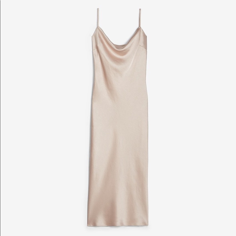 Satin cowl neck midi slip dress in nude sorbet